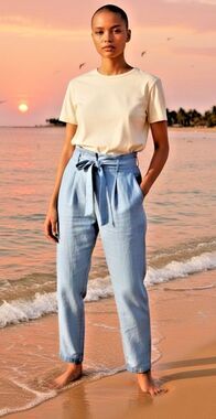 Level 99 Anthropologie paperbag linen womens tapered pants powder blue 27 NWOT